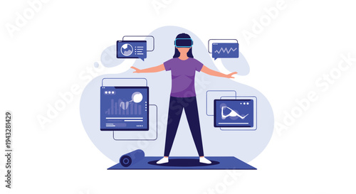 A woman wearing a virtual reality headset interacts with floating data screens while standing on a yoga mat in a futuristic fitness concept illustration.