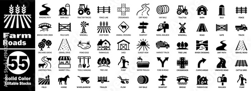 Farm roads icons set. Solid color editable stock vector for agricultural applications elements. 