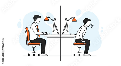 A comparative illustration shows an office worker with correct ergonomic posture on one side and incorrect slouching posture causing coughing on the other.