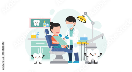 A friendly male dentist examines a young patient in a dental chair while two cute tooth mascots smile in a colorful clinic illustration.
