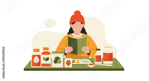 A woman in a beanie reads a book while surrounded by various bottles and jars of herbal supplements and alternative medicine products.