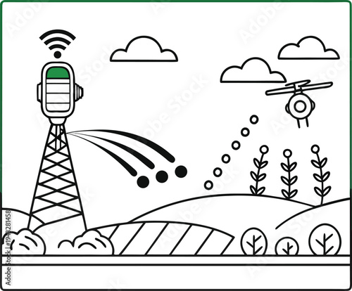 Smart farming illustration featuring a telecommunication tower and agricultural drone monitoring crops in a rural landscape using modern IoT technology line art.