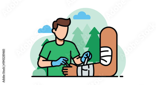 A first aid provider carefully wraps a bandage around an injured person's arm against a simple outdoor background with trees and clouds.