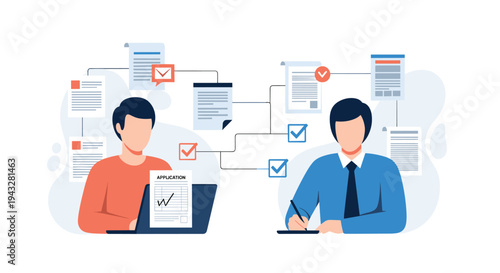 Two businessmen process an application and sign documents connected in a digital workflow with checkboxes and interconnected files illustration.