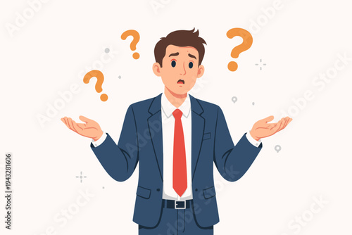 Confused businessman in a professional blue suit and red tie shrugging his shoulders with orange question marks around his head, flat vector illustration of a man in doubt or asking a question.