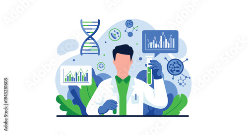 A male scientist in a white lab coat holds a test tube while analyzing data on charts and graphs, surrounded by DNA and molecular icons.