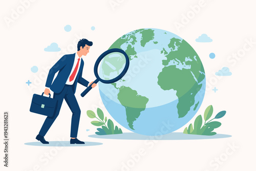 Businessman Looking Through Magnifying Glass at Earth Globe for Global Market Analysis, International Business Expansion, and Environmental Research Discovery Flat Vector Illustration Design.