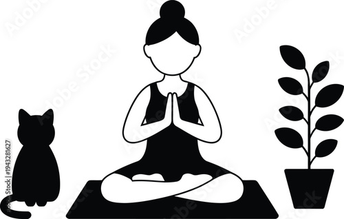 A woman meditates on a yoga mat with a cat and a plant