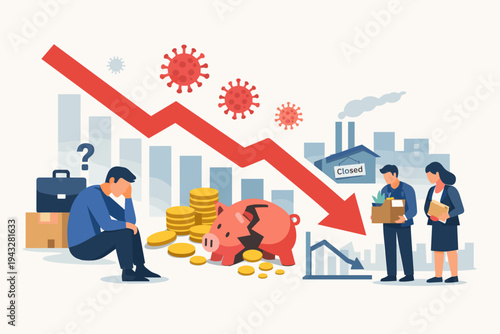 Economic impact and unemployment rise due to Coronavirus pandemic with a falling red arrow, broken piggy bank, and jobless people in front of a closed factory and city skyline vector illustration