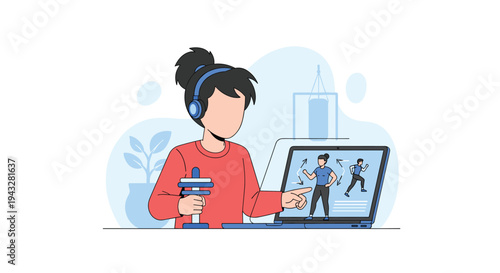 A person with headphones holds a dumbbell while following an online fitness class with a personal trainer on their laptop screen at home.