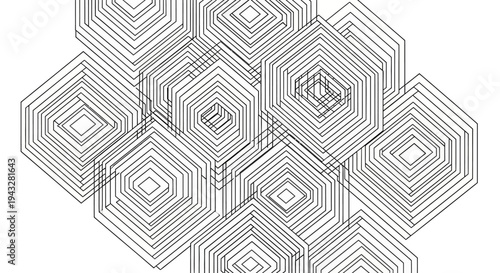 Abstract seamless pattern showcasing a complex arrangement of overlapping black line art hexagons and polygons, forming an intricate geometric design on an isolated white background.