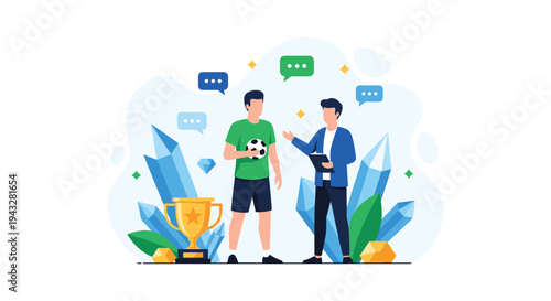 A vector illustration of a football coach with a clipboard giving instructions to a soccer player holding a ball in front of a large trophy.