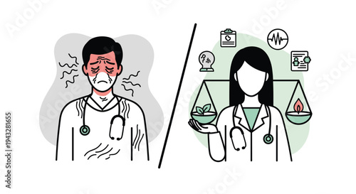 A split-panel vector illustration contrasting a burnt-out male doctor with a calm female doctor balancing holistic medicine.