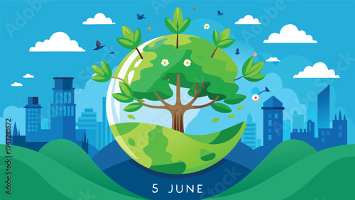 A vibrant illustration of a globe with green continents surrounded by buildings and trees. Vector