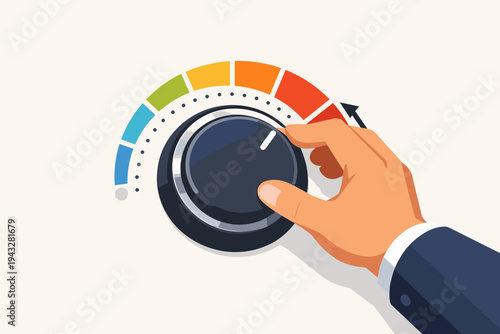 Illustration of a businessman's hand turning a control knob to the maximum level on a colorful gauge, representing skill testing, performance optimization, success, and reaching full potential.
