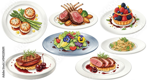 Watercolor Gourmet Food Plates Collection with Scallops Lamb Rack Pasta Salad and Berry Tart Illustration Set
