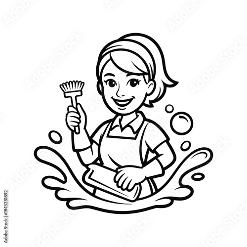 Cartoon cleaning lady holding a brush and sponge with water splashes and bubbles