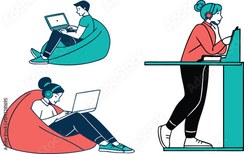Vector illustration of diverse professionals working on laptops in bean bag chairs and at a standing desk for remote office business concepts.