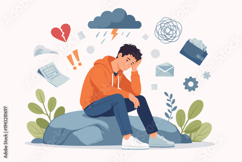 Depressed Young Man Sitting on a Rock Feeling Overwhelmed by Life Problems Like Financial Stress, Heartbreak, and Anxiety, Mental Health Concept Illustration with Flat Vector Design Elements