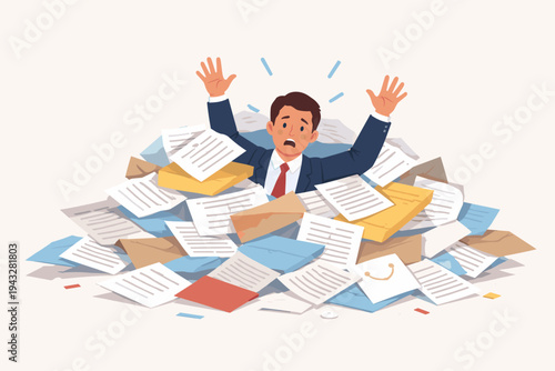 Overwhelmed businessman buried under a massive pile of paperwork, documents, and bills, feeling stressed and needing help with workload management, flat vector illustration of office burnout.