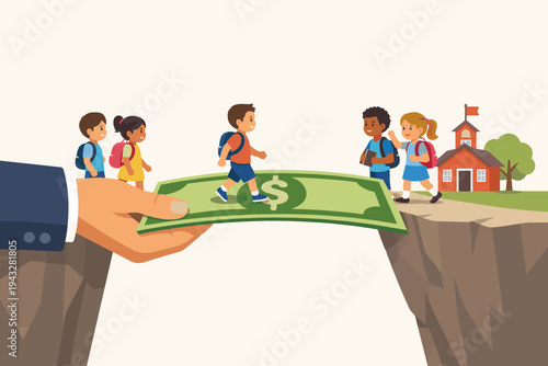 Vector illustration of a businessman's hand holding a dollar banknote as a bridge across a chasm for children to reach school, representing education funding, financial aid, and scholarships.