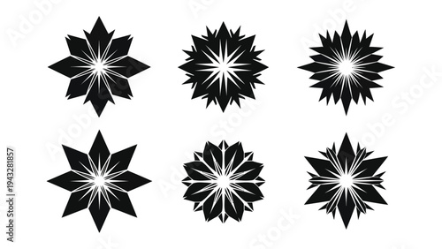 Starburst Graphic Elements Set: A collection of six distinct starburst graphic elements, rendered in black and white, offering a versatile set of abstract decorative and design components.