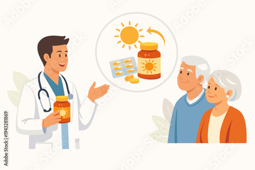 Doctor Advising Senior Couple to Take Vitamin D Supplements for Bone Health and Immunity, Healthcare Professional Recommending Sun Vitamin Pills and Capsules to Elderly Man and Woman Illustration
