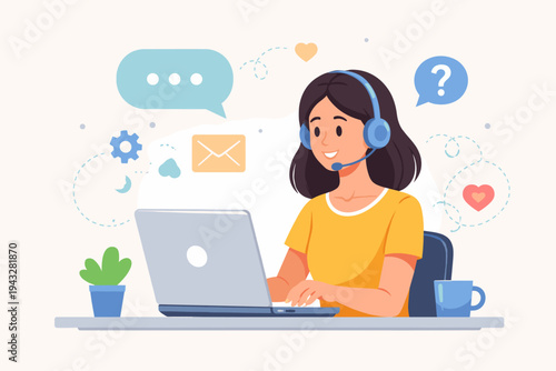 Flat Vector Illustration of a Friendly Female Customer Support Agent Wearing a Headset and Working on a Laptop, Providing Online Chat Assistance, Technical Help Desk, and Customer Service Support.