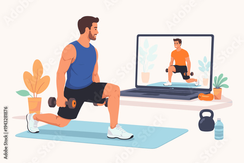 Vector illustration of a fit man doing lunges with dumbbells on a yoga mat while following an online fitness class on a laptop with a male instructor, home workout and healthy lifestyle concept.