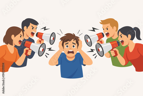 Vector illustration of a group of angry people shouting through megaphones at a scared young man covering his ears. Concept of social pressure, bullying, harassment, stress, and mental health issues.