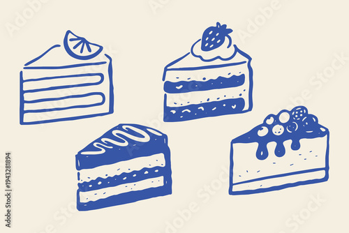 Cake slice set naive hand drawn vector illustration