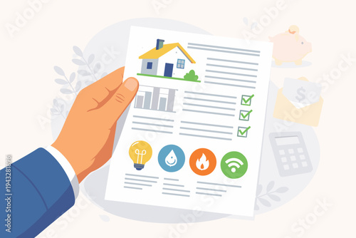 Hand Holding Utility Bill Document with Electricity Water Gas and Internet Icons for Financial Planning and Household Expense Management Flat Vector Illustration for Budgeting and Saving Money