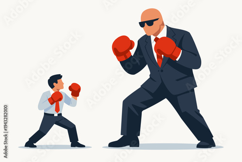 Small businessman in boxing gloves fighting a giant corporate boss in a suit, concept of underdog competition, business challenge, David vs Goliath struggle, power inequality, and market rivalry.