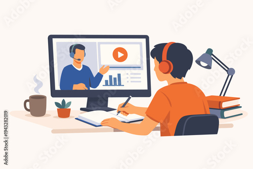 Flat vector illustration of a young male student wearing headphones and taking notes while watching an online webinar or educational video on a computer monitor at a desk with books and coffee.