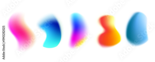 Neon noisy gradient shapes featuring blurred color spots, abstract liquid blobs and watercolor mesh texture on white vector background