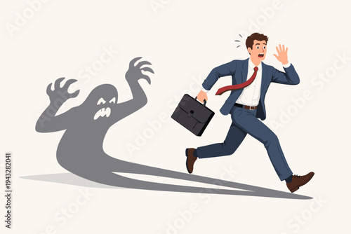 Businessman Running Away in Fear from His Own Scary Monster Shadow, Concept of Anxiety, Stress, and Inner Demons in Business, Flat Vector Illustration of a Man Frightened by His Shadow