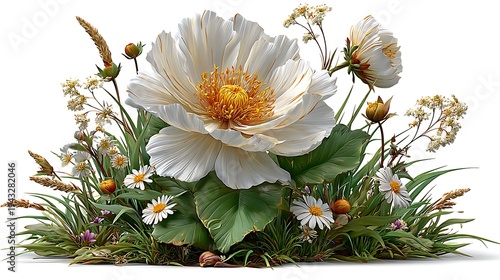 Detailed white peony blossom floral nature illustration high resolution picture
