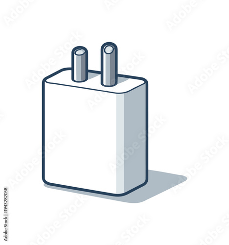 Simple illustration of a white power adapter with two prongs on a light blue background