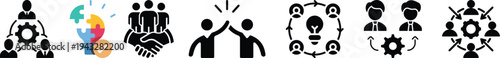 Business teamwork icons. Work group. Team building. Partnership. Team working. Alliance. Human resources. Co-worker. Collaboration. Editable stroke. Vector illustration