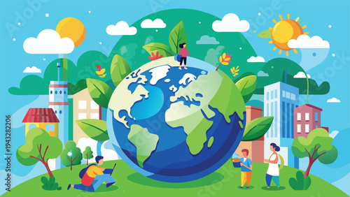 A vibrant illustration of a globe surrounded by various elements of nature and human activity Vector