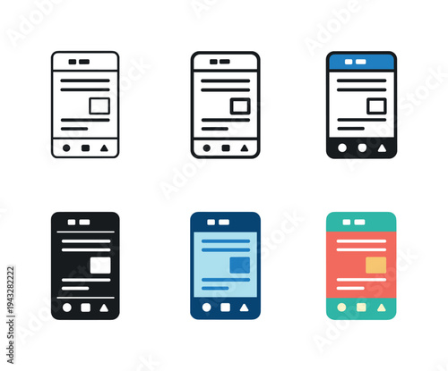 Interactive app layout icon presenting a smartphone with balanced content areas, navigation bars, and simple controls combined