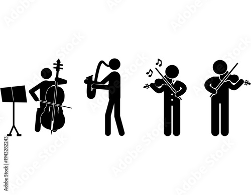 Stick figures playing various musical instruments including cello, saxophone, and violins, representing an orchestra or band.