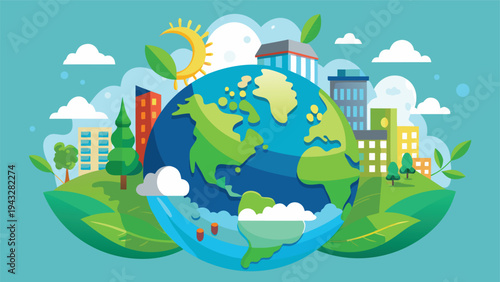 A vibrant illustration of a globe with people planting trees and holding hands around it Vector