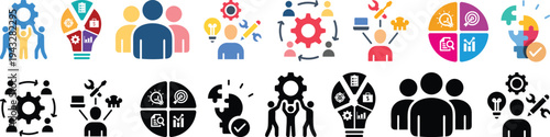 Business teamwork icons. Work group. Team building. Partnership. Team working. Alliance. Human resources. Co-worker. Collaboration. Editable stroke. Vector illustration