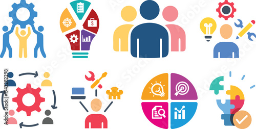 Business teamwork icons. Work group. Team building. Partnership. Team working. Alliance. Human resources. Co-worker. Collaboration. Editable stroke. Vector illustration