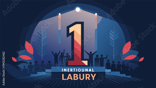 A vibrant illustration of the number one with a crowd of people and fireworks Vector