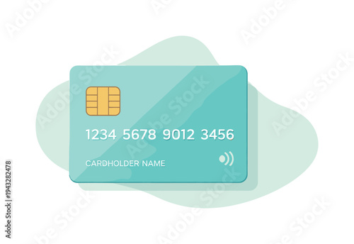Modern credit card with chip and contactless payment symbol on a light background