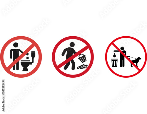 Three red circular prohibition signs illustrating rules against improper toilet use, littering, and bringing pets in public areas.