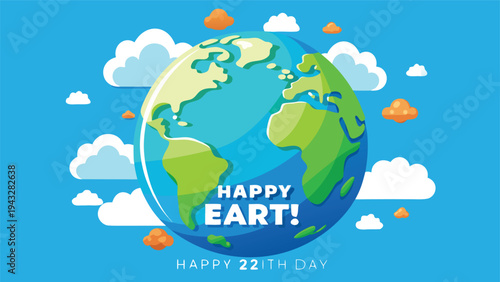 A vibrant illustration of the earth with a smiling face and colorful clouds surrounding it. Vector