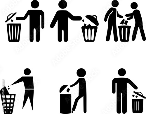 Stick figures demonstrating various ways of disposing of trash into bins, emphasizing cleanliness, waste management, and environmental responsibility.